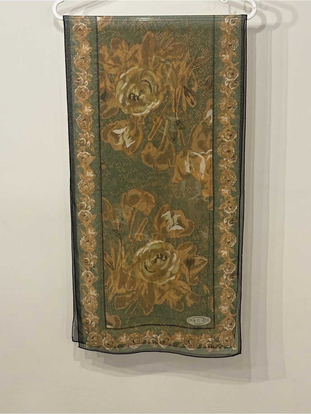 VTG Oscar de la Renta Floral Silk Chiffon Scarf Green Brown Sheer Wrap Oblong